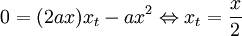  0 = (2ax)x_t - ax^2 \Leftrightarrow{} x_t = \frac{x}{2}